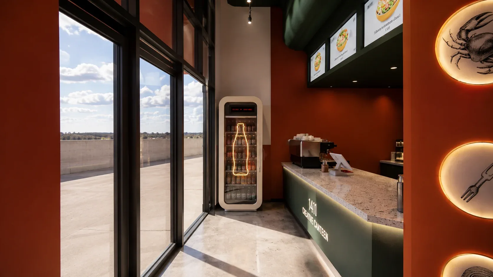The orange and deep-green counter of 1411 Creative Canteen, with a bottle-shaped neon drinks fridge by the tall windows, Macquarie Park