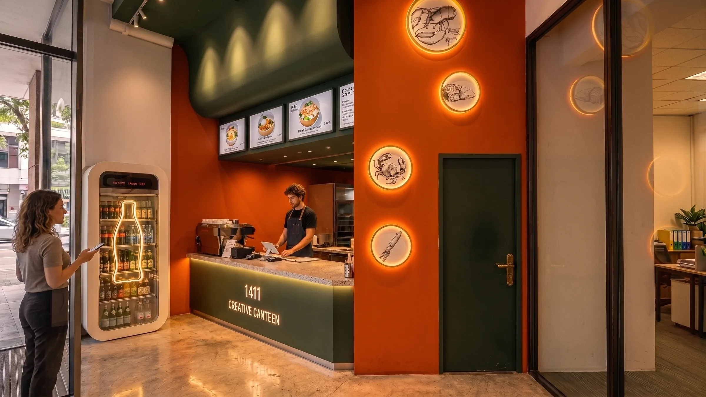1411 Creative Canteen in Macquarie Park: an orange wall with round lit seafood graphics, a green counter and a menu board