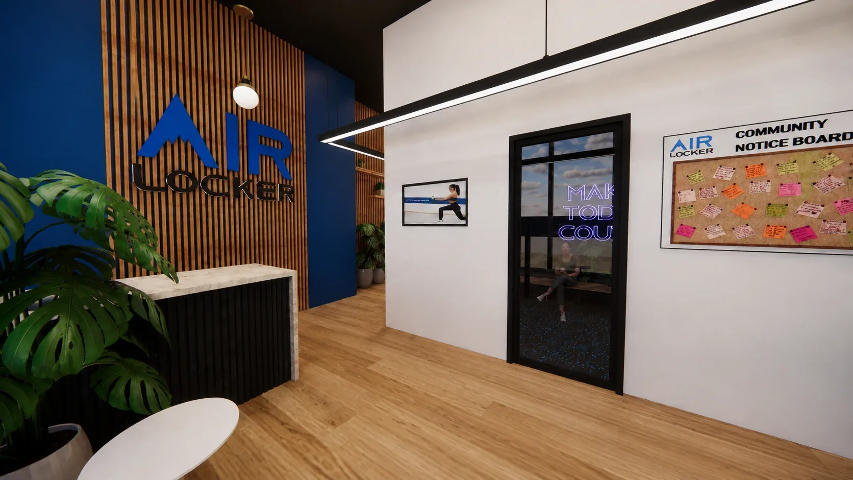 Air Locker reception in Sydney: the logo on vertical timber battens, a deep blue wall, a counter and a community notice board
