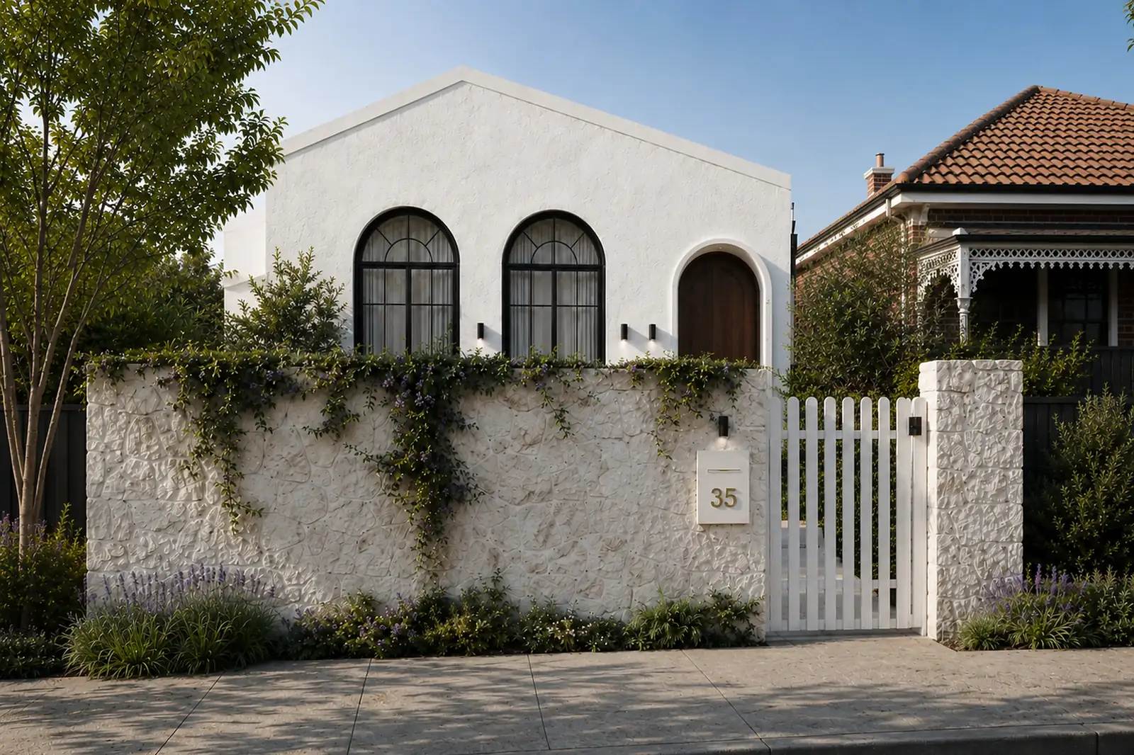 White rendered house front with three arched windows behind a textured garden wall and a white picket gate, Amara, Leichhardt