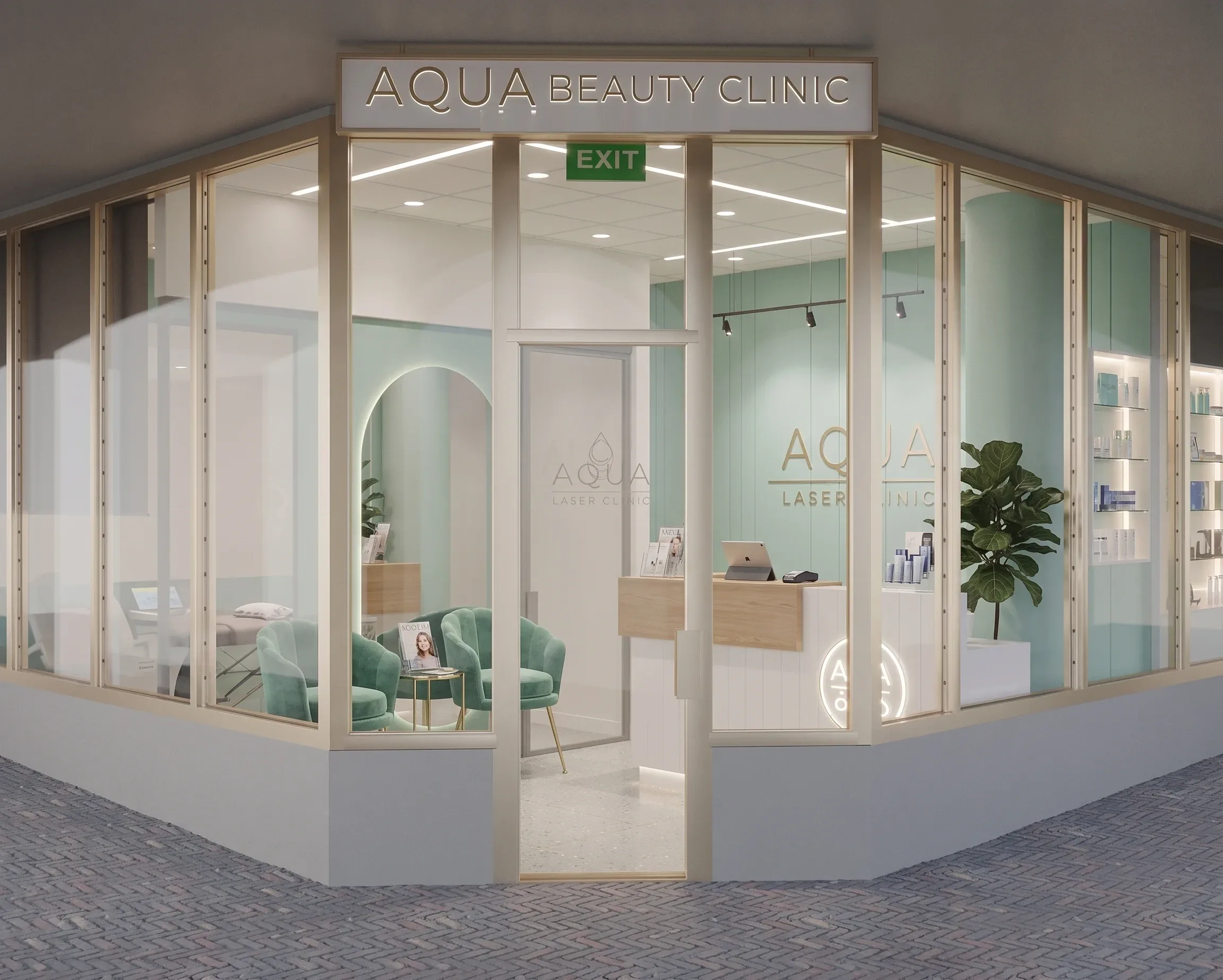 Aqua Beauty Clinic corner shopfront: full-height glazing under the gold sign, looking into the soft-green reception
