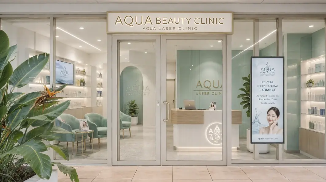Aqua Beauty Clinic shopfront in a Sydney centre: glass doors under the gold sign, and a soft-green reception with arched shelves