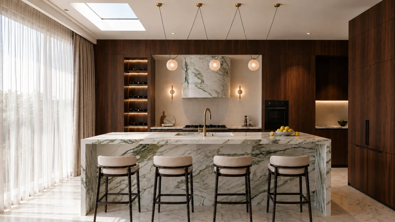 Kitchen with a green-veined marble island and four stools, walnut joinery and pendant lights under a skylight, Aurum, Lilyfield