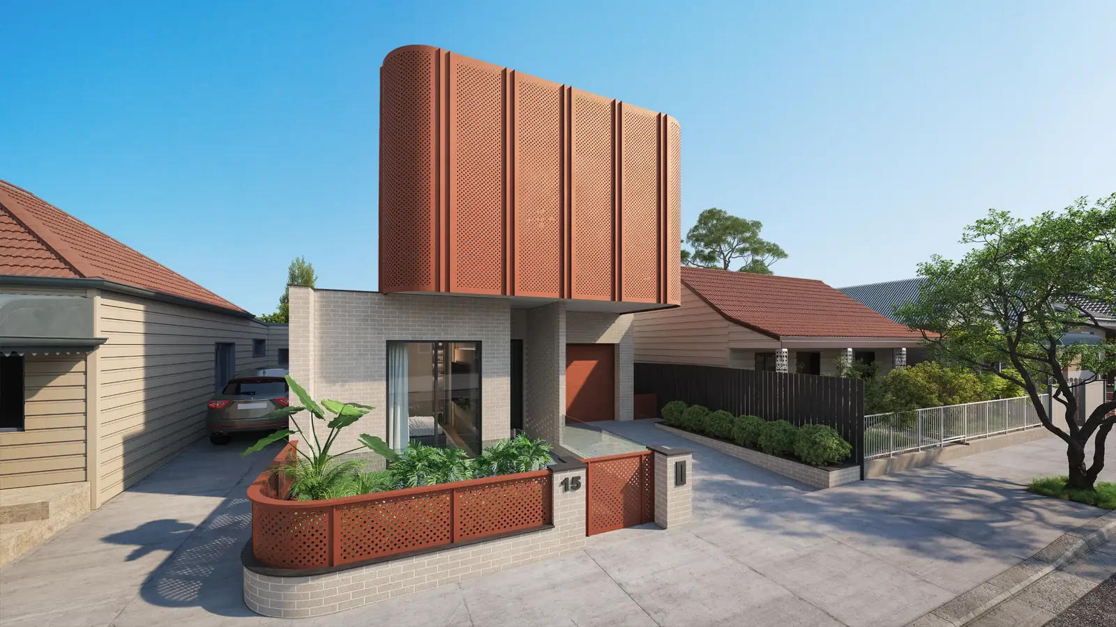 Aurum in Lilyfield: a new family home with a curved, perforated terracotta upper floor over a pale brick base, in a street of older houses