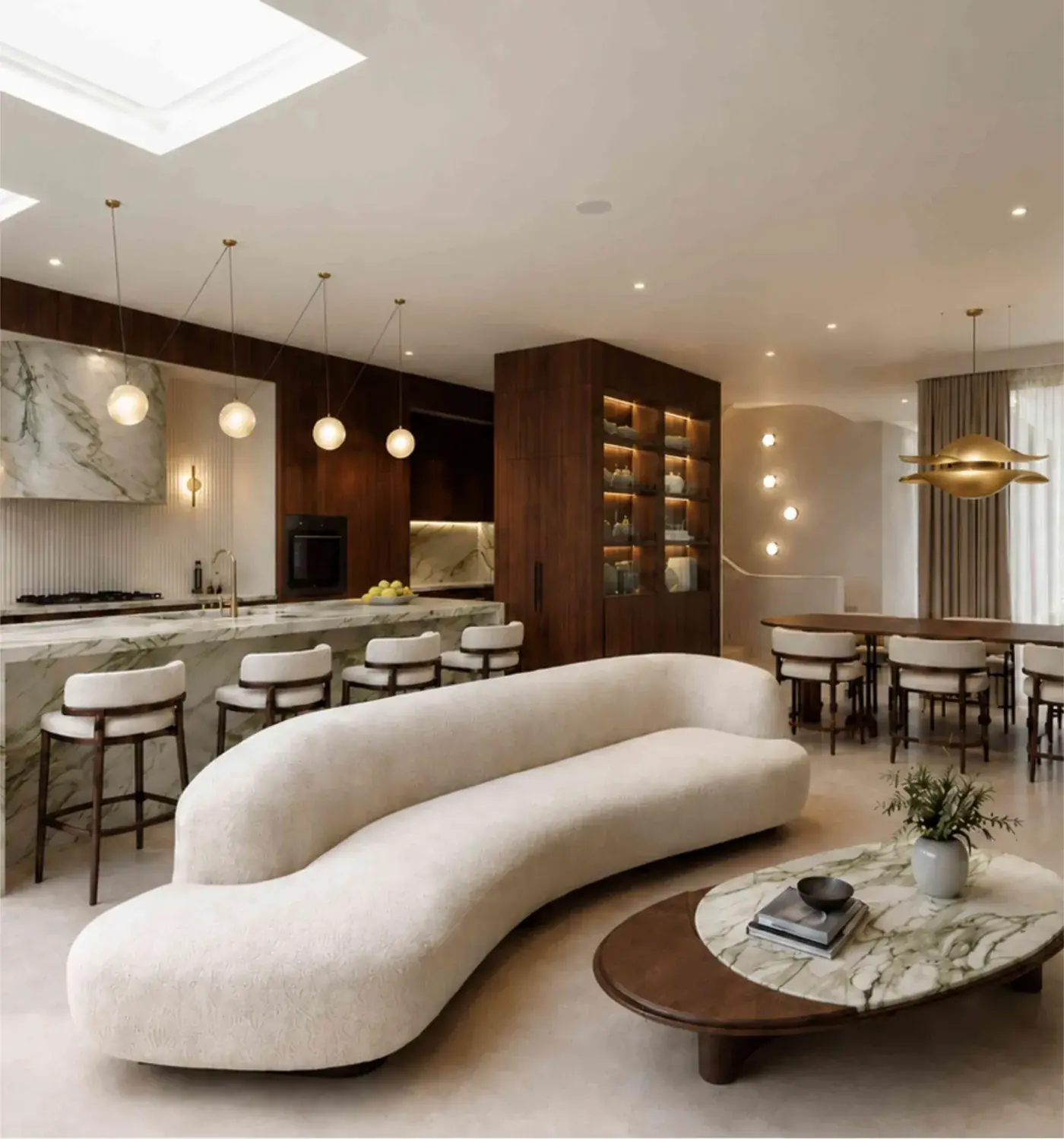 Living room with a curved cream sofa and a marble coffee table, the marble kitchen and walnut joinery behind, Aurum, Lilyfield