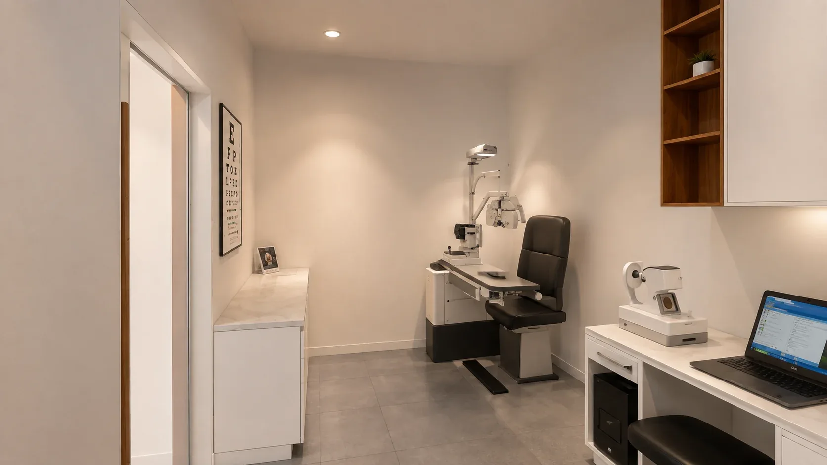 Eye-test room with an examination chair, testing equipment and a desk with a laptop, Central Eyecare, Punchbowl