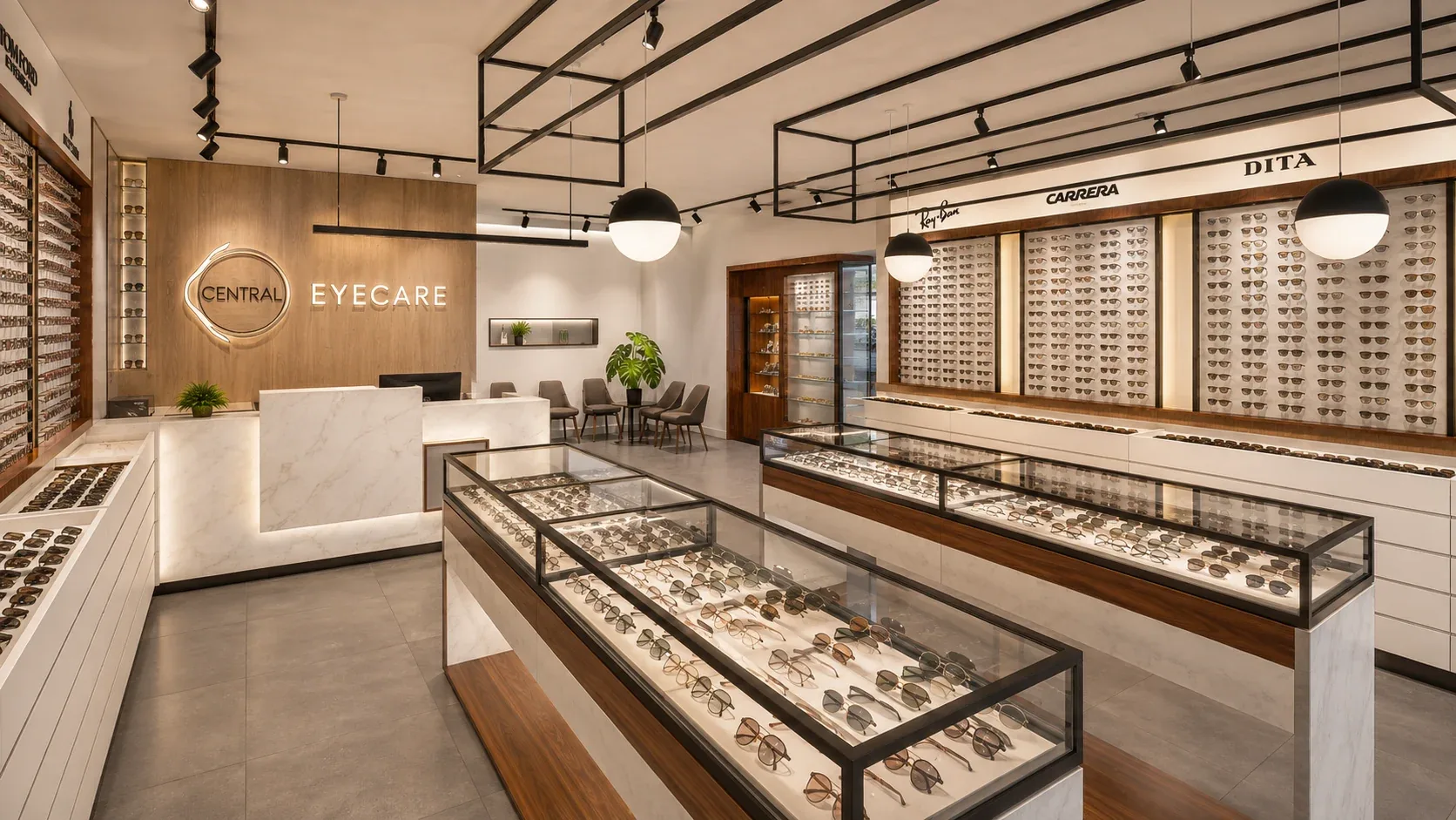 Glass display cabinets of frames and backlit eyewear walls under a black grid ceiling, Central Eyecare, Punchbowl