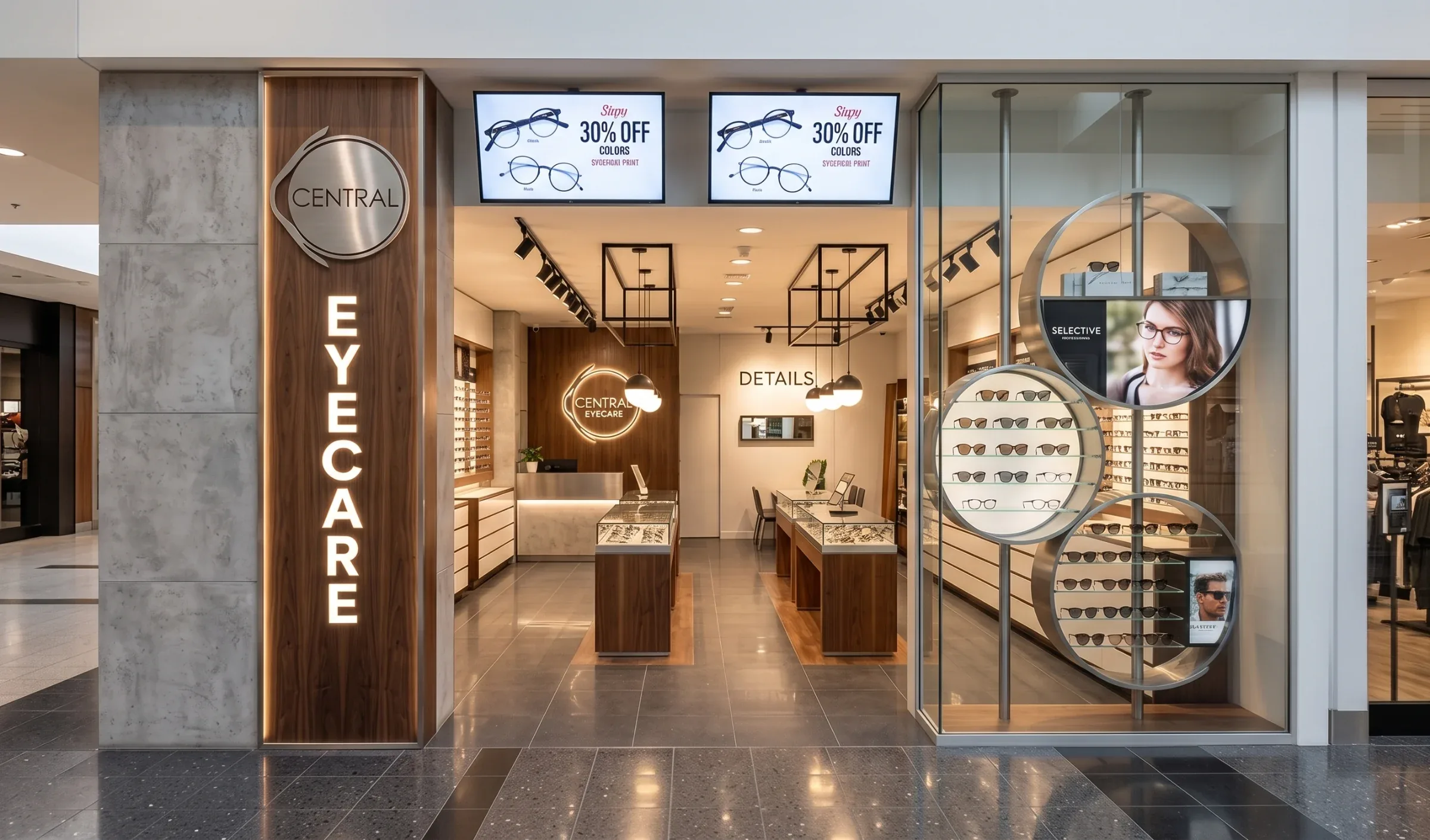 Central Eyecare shopfront in a Punchbowl shopping centre: a timber-clad entry with the lit logo and round frame displays in the window