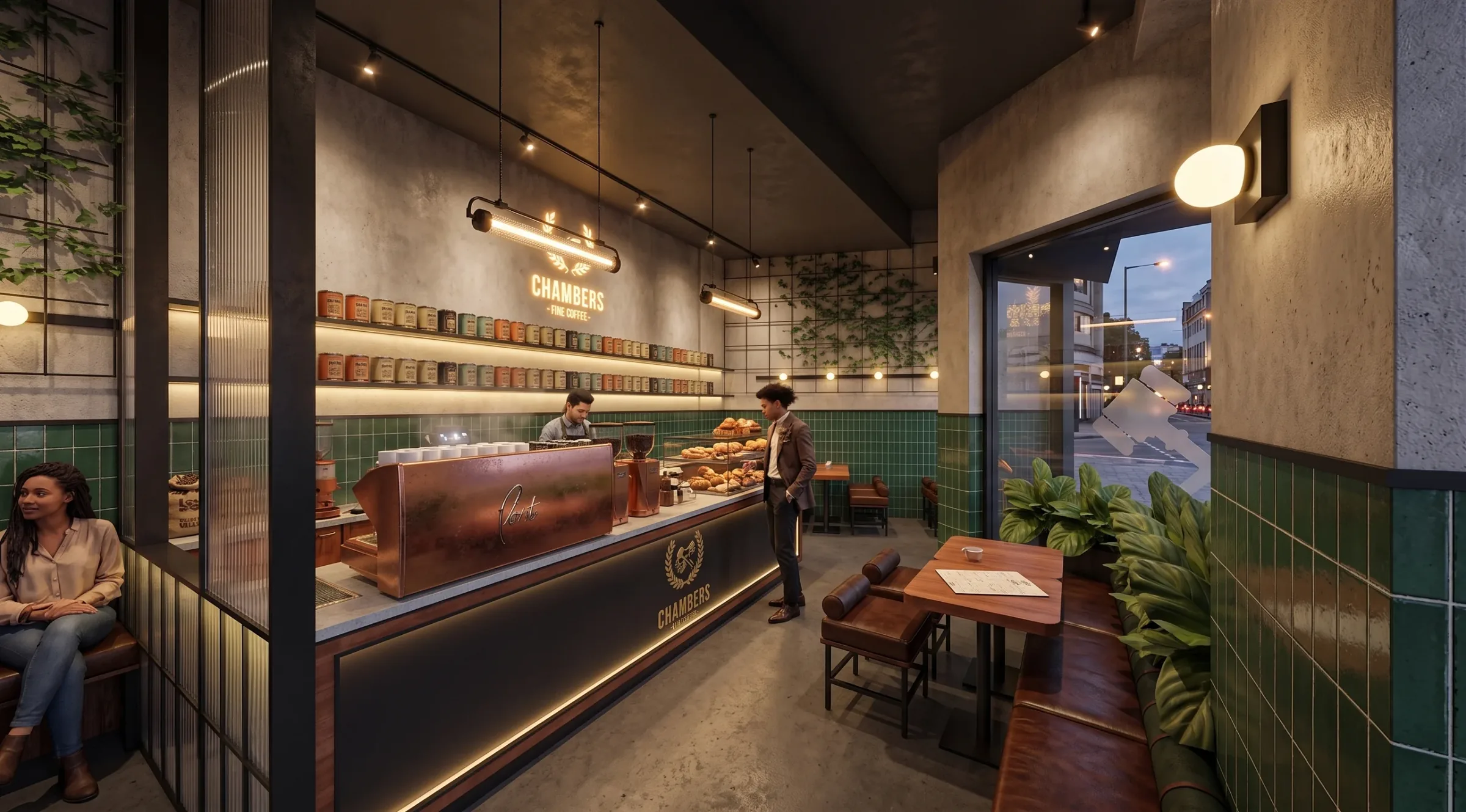 Chambers Cafe counter in Sydney: a bronze espresso machine, shelves of coffee tins and green glazed tiles, with customers seated