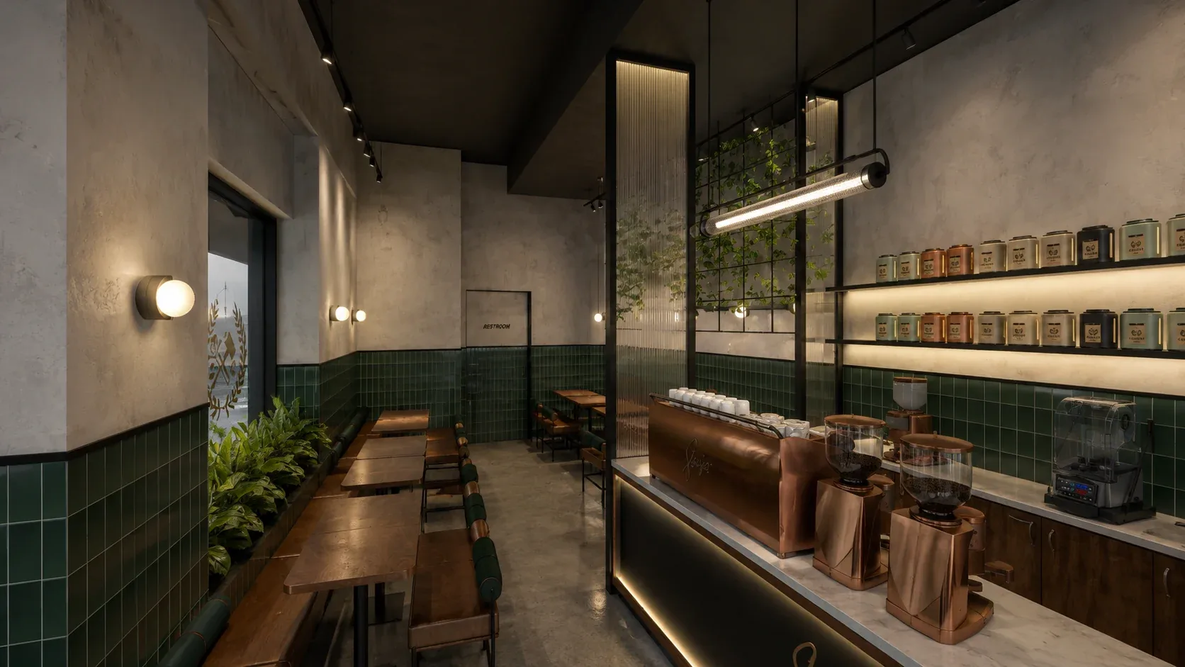 Leather bench seating and timber tables along green tiles, with bronze grinders on the counter, Chambers Cafe, Sydney