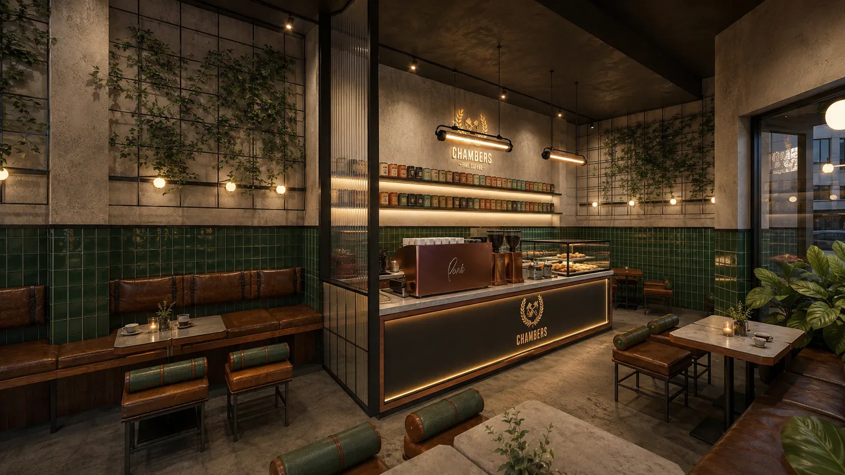 Chambers Cafe in Sydney: green glazed tiles, leather booths, a lit counter with the logo, and planted wall grids