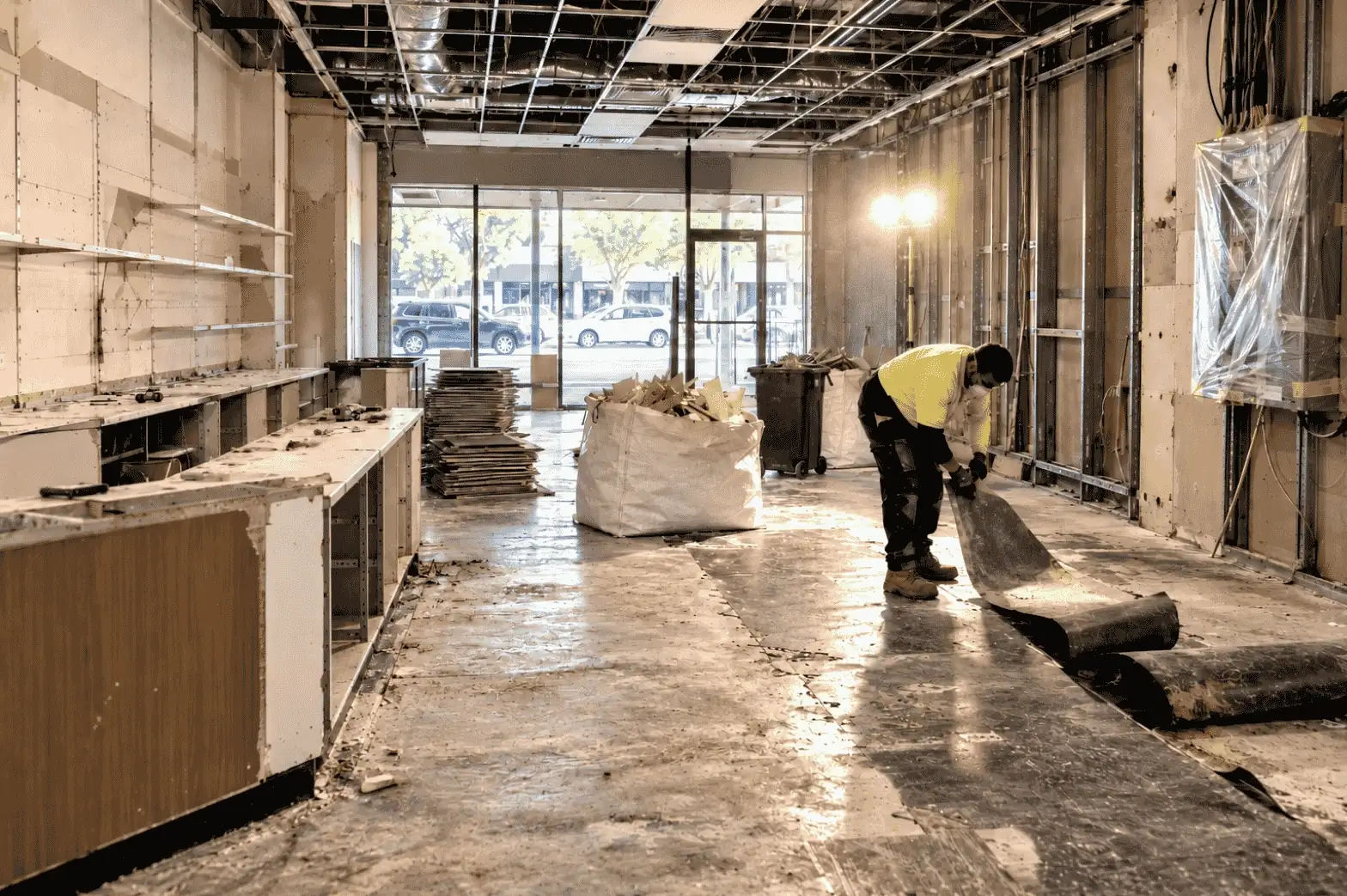 A shop being stripped out: a worker rolls up old vinyl flooring beside half-removed counters, with debris in bulk bags and the switchboard wrapped in plastic