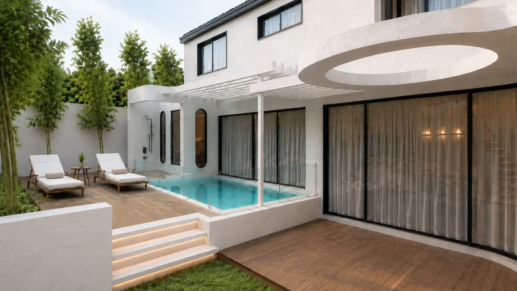 Rear pavilion with full-height glazing beside a glass-edged pool, sun loungers and a timber deck, under a curved roof, Elara, Annandale