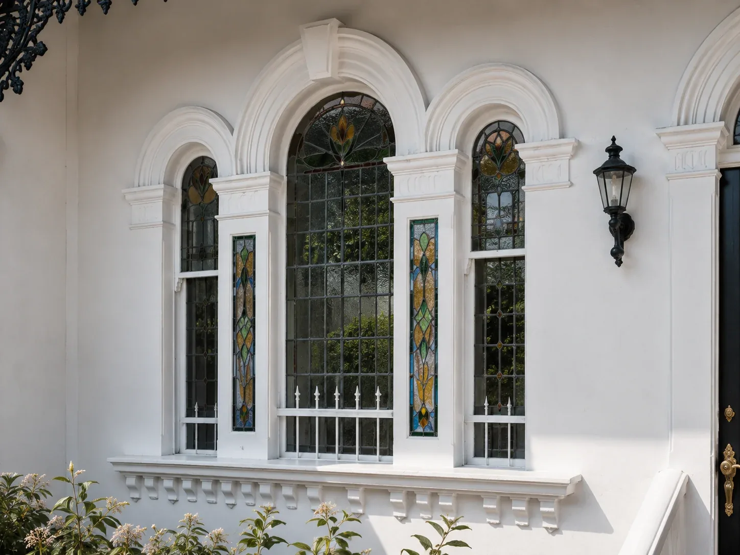 Arched leadlight front windows set in moulded white render, beside a wall lantern, Everleigh, Balmain