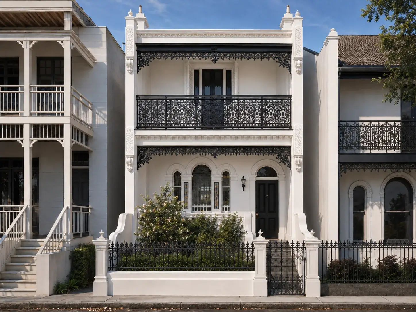 Everleigh, a white Victorian terrace in Balmain with iron lacework balconies, an arched entry and a cast-iron front fence