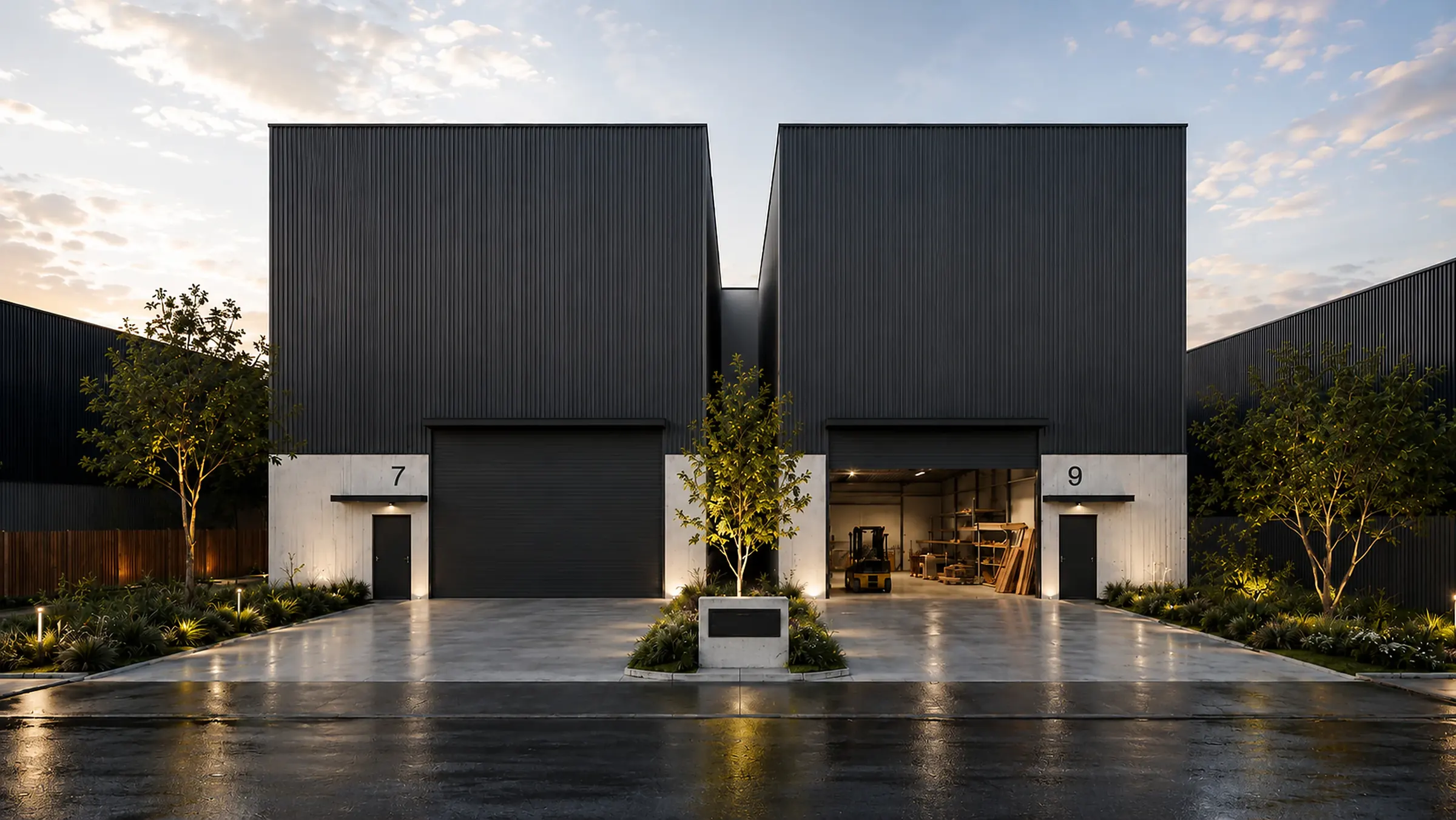 Two black-clad industrial units, numbers 7 and 9, at dusk in Greenacre, with a landscaped forecourt and unit 9's roller door open