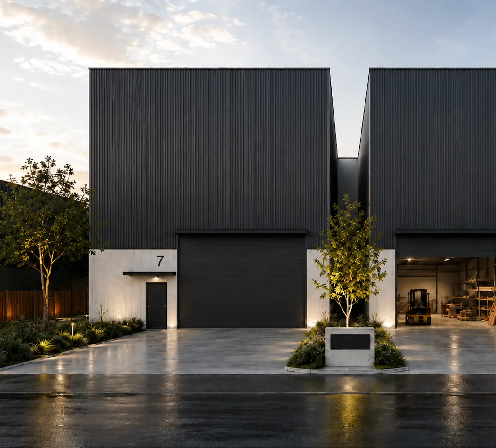 Unit 7 of the Food Processing Factory in Greenacre at dusk: black cladding, a roller door and a lit tree in the forecourt
