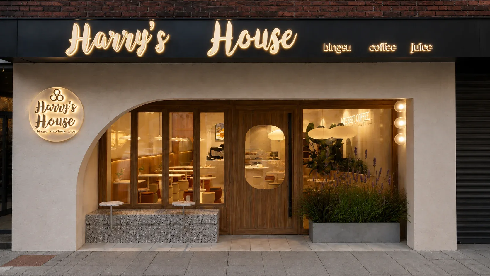 Harry's House shopfront at dusk: an arched timber entry under the lit sign, with a terrazzo bench and planter, Bankstown