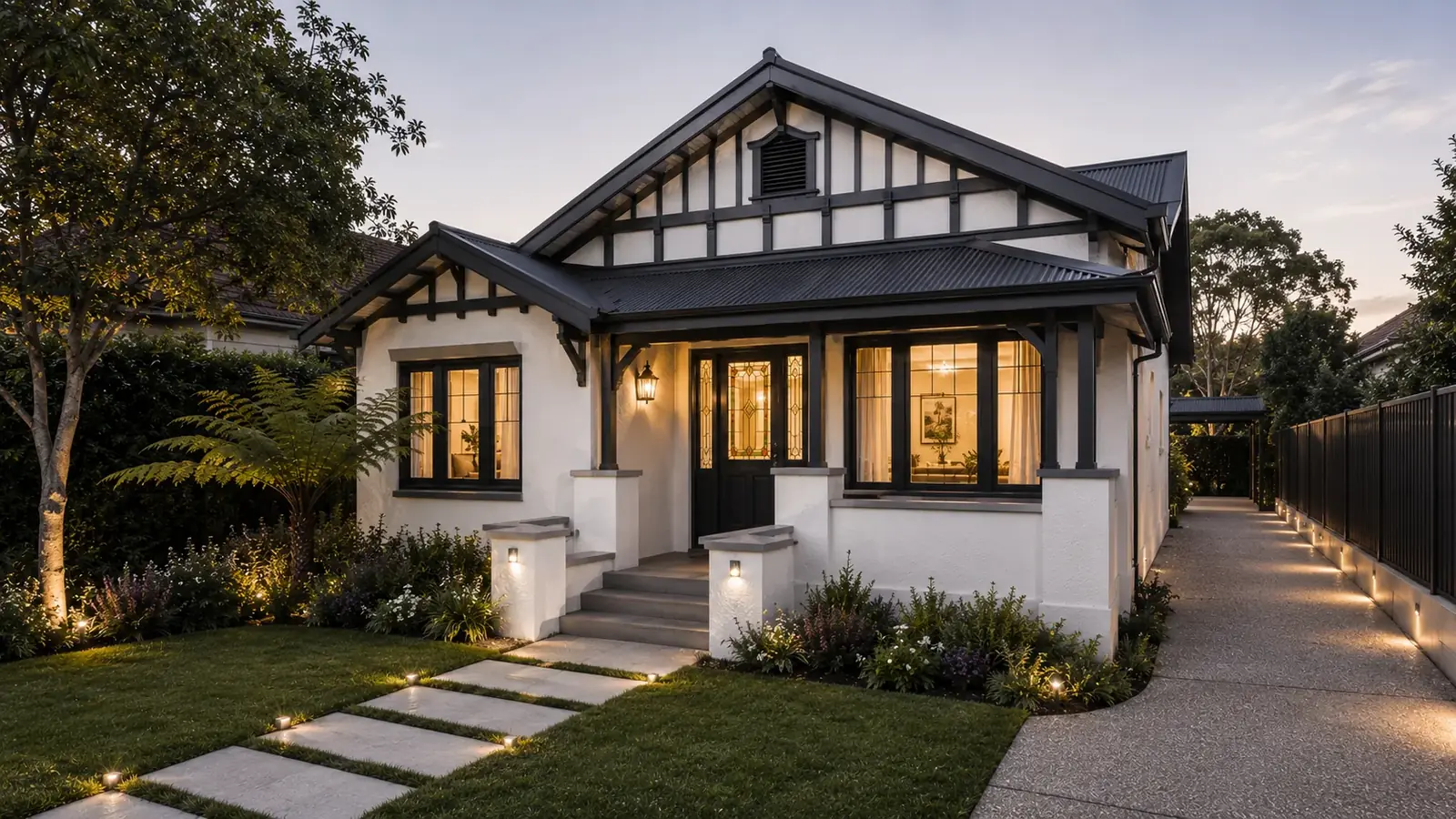 Jadefield, a California bungalow in Lane Cove North at dusk, with lit windows above a lawn and stepping-stone path