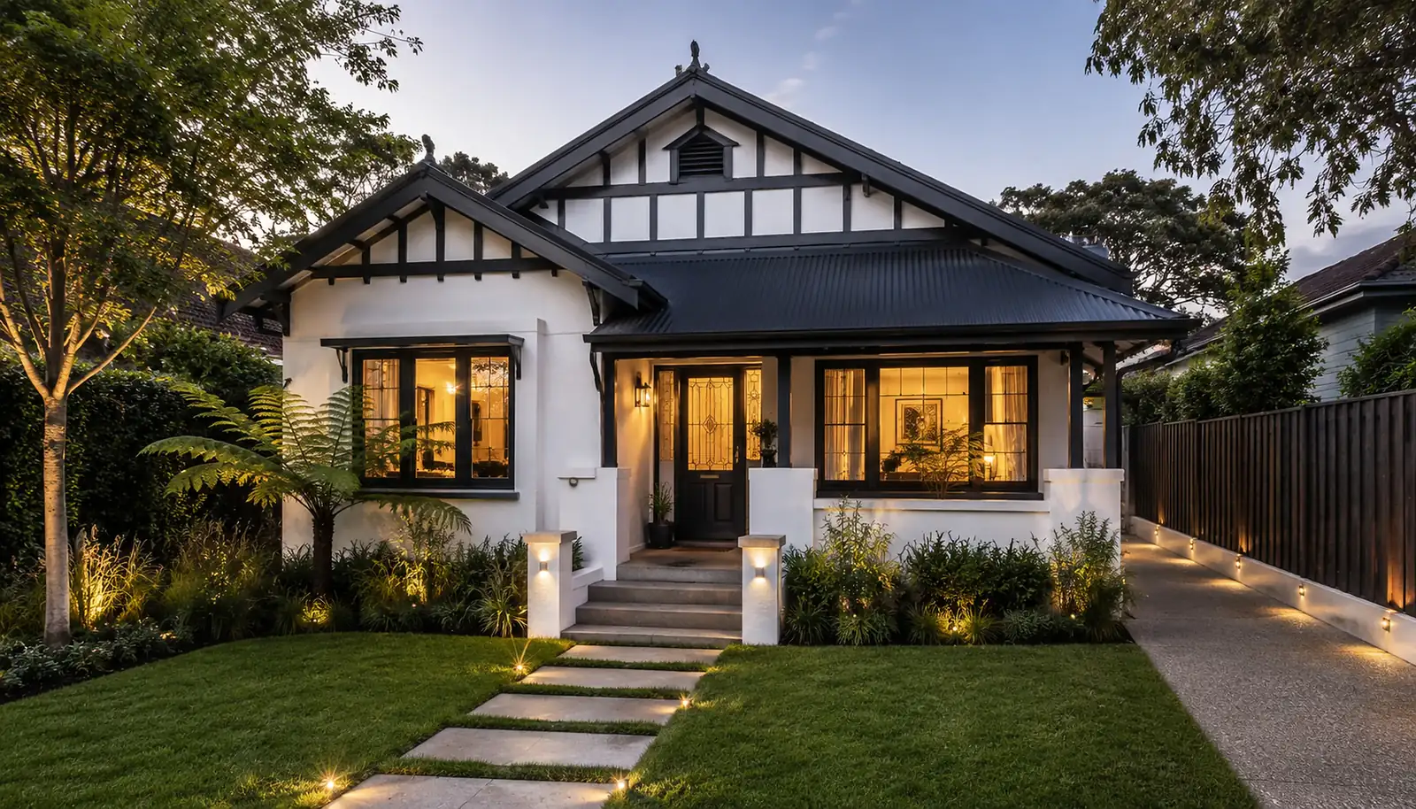 Jadefield in Lane Cove North: a restored California bungalow at dusk, with lit windows, a timber gable and a stepping-stone path