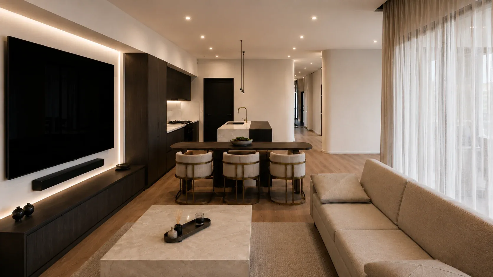 Open-plan living with a long sofa and a TV wall, the dining table and kitchen beyond, and sheer curtains to the garden, Jadefield, Lane Cove North