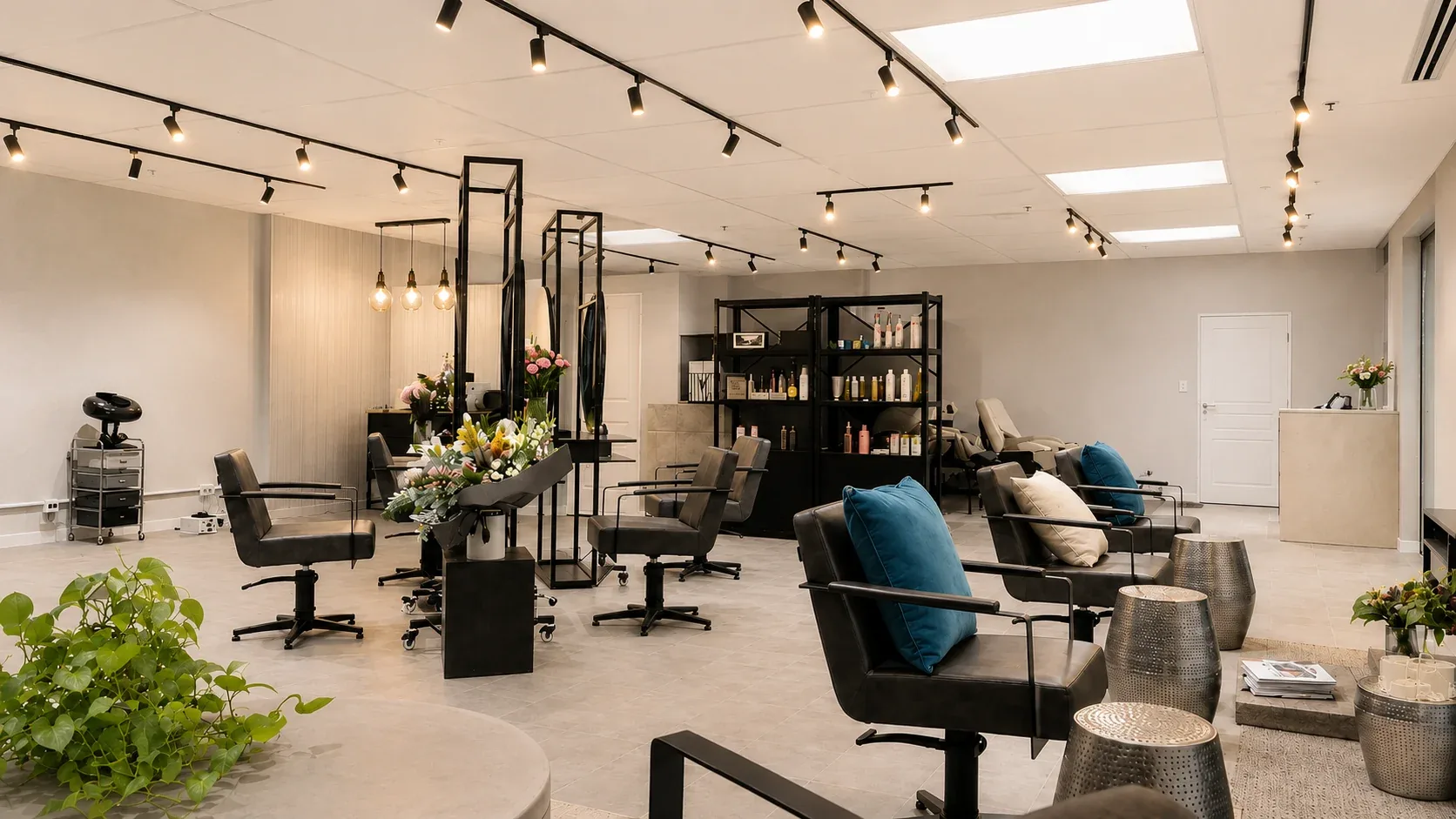 Luana Hair & Beauty in Waterloo: styling chairs and mirrors under black track lighting, with dark metal shelving