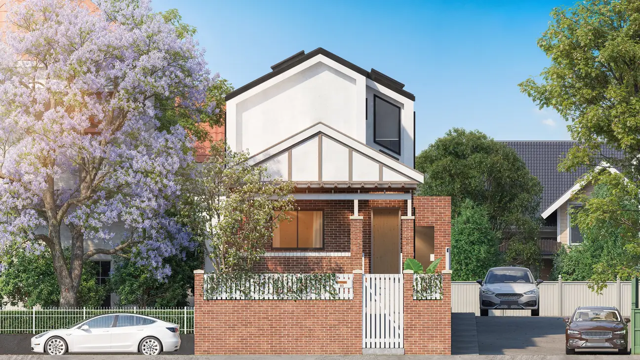 Meridian in Leichhardt: a red-brick federation home with a white rendered second storey above, beside a jacaranda in bloom