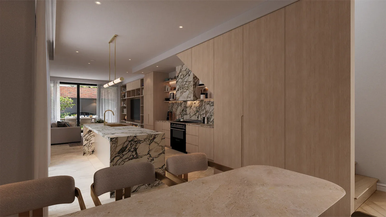 Kitchen with a marble island and timber joinery, the dining table in front and the rear garden beyond, Meridian, Leichhardt