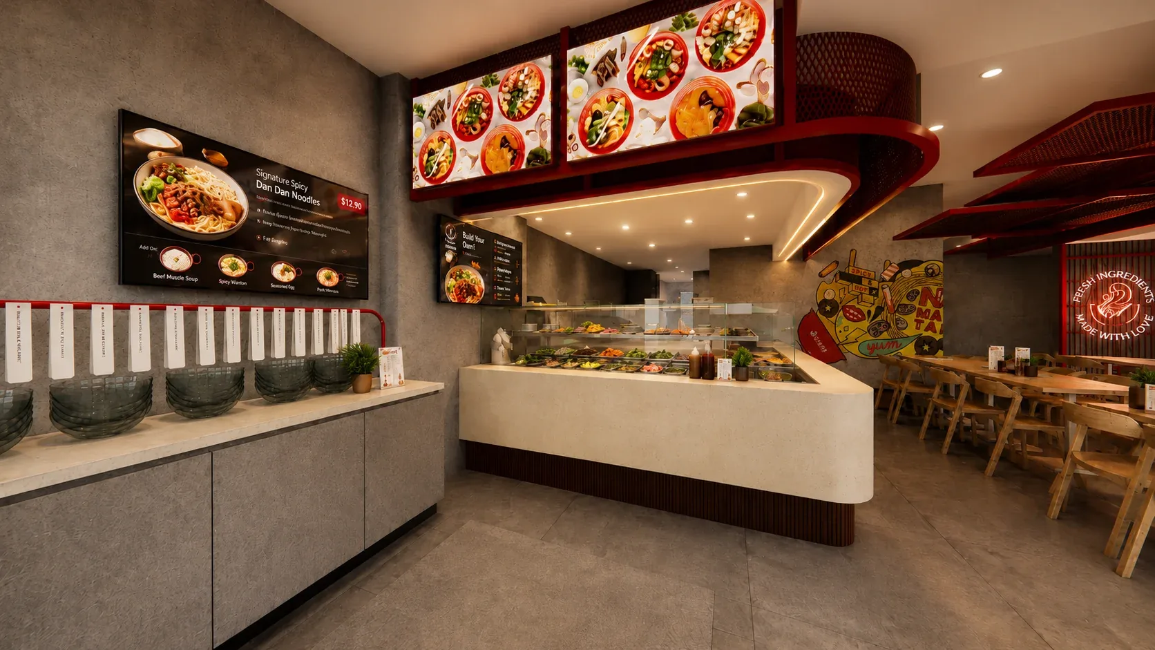 Build-your-own servery under a suspended red mesh ceiling and menu screens, No. 1 Malatang, Kensington