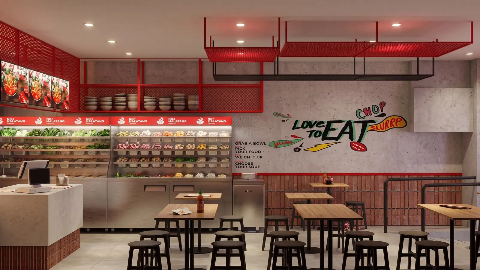 No. 1 Malatang Kingsford: timber tables and stools, a red-framed servery and ingredient fridges under red ceiling panels