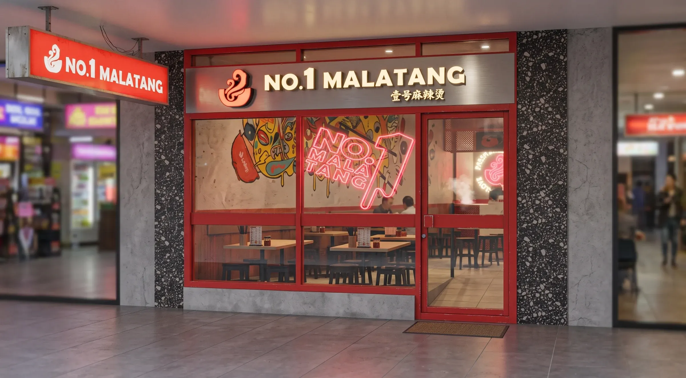 No. 1 Malatang shopfront in Kingsford: a lit fascia and red-framed glazing onto the street
