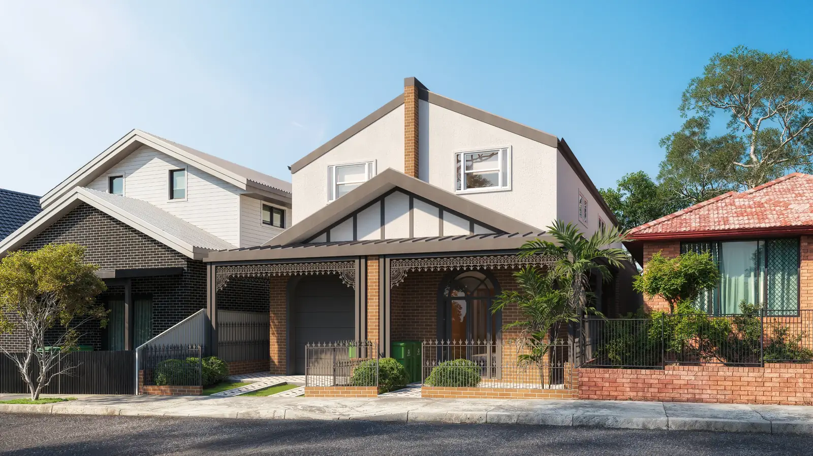 Rosemere in Tempe: a federation front with iron lacework over the verandah, and the duplex's new second storey behind