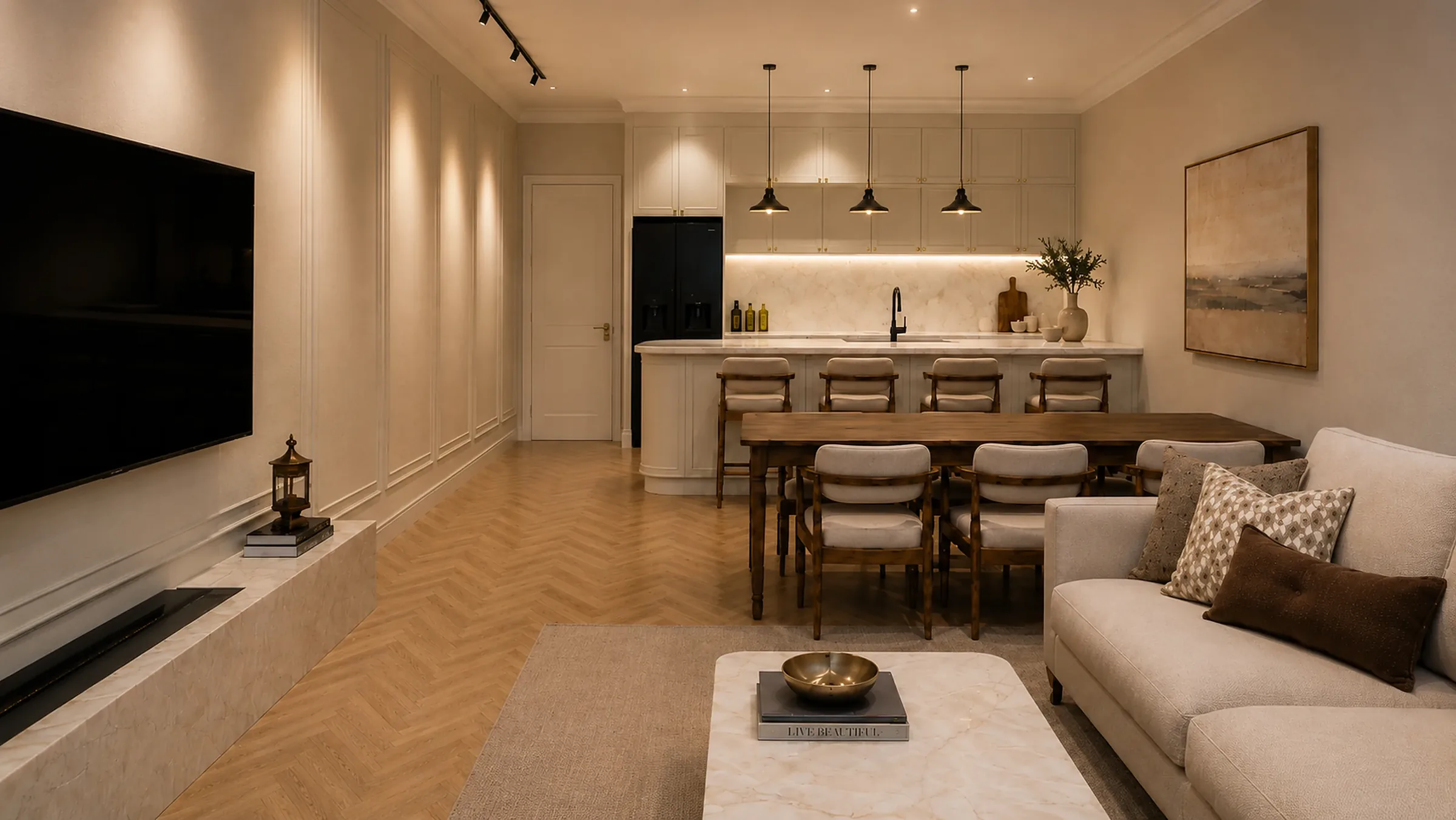 Living room with herringbone floors running past the dining table to the kitchen, Rosemere, Tempe