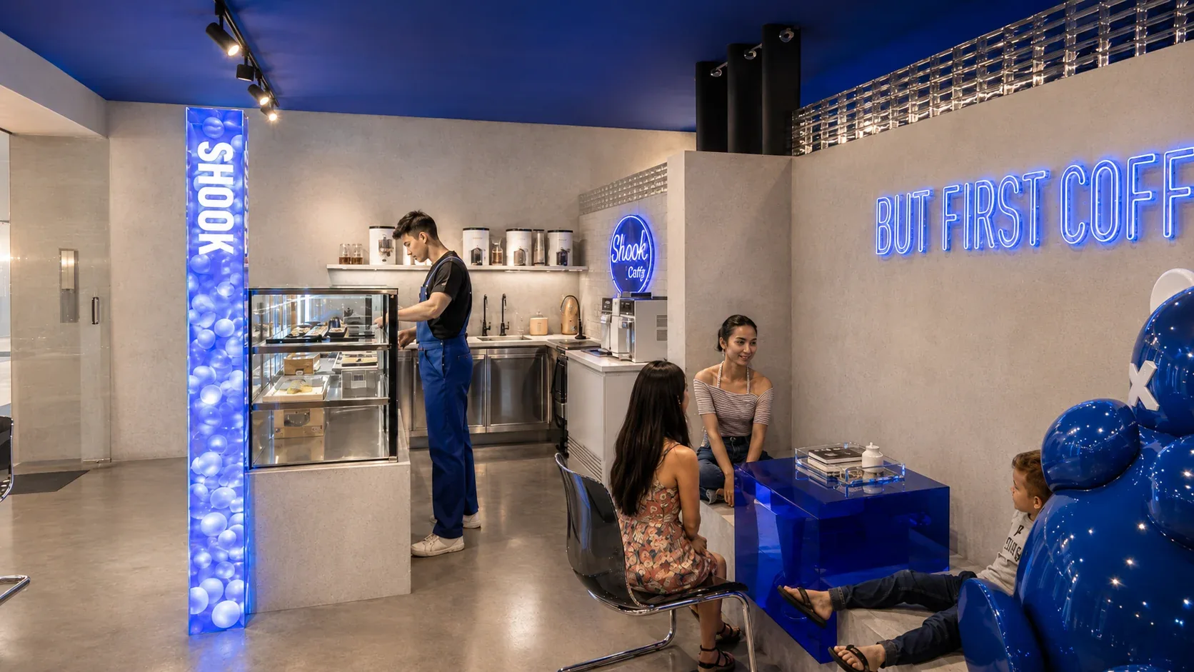 The service counter with a pastry cabinet and coffee station beside a lit blue column, Shook Cafe, Waterloo
