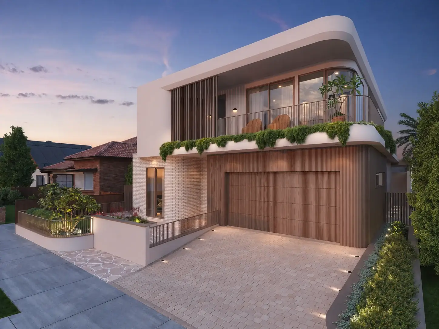 Solace in Wareemba at dusk: a curved white upper floor with timber battens over a timber garage door, and planted terraces