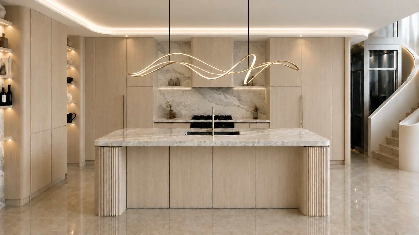 Kitchen with a marble island under a gold ribbon pendant, oak joinery, and the glass lift and spiral stair beyond, Solace, Wareemba