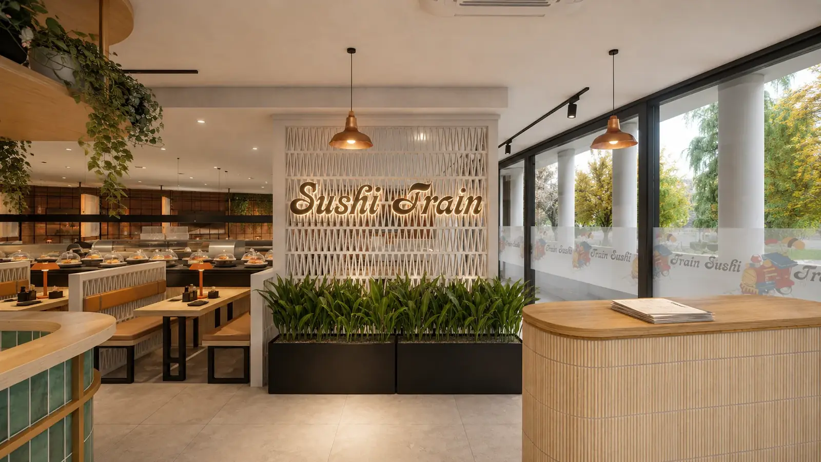 Sushi Train Mortdale: the lit Sushi Train sign on a white lattice screen above a planter, with green-tiled counters and dining tables