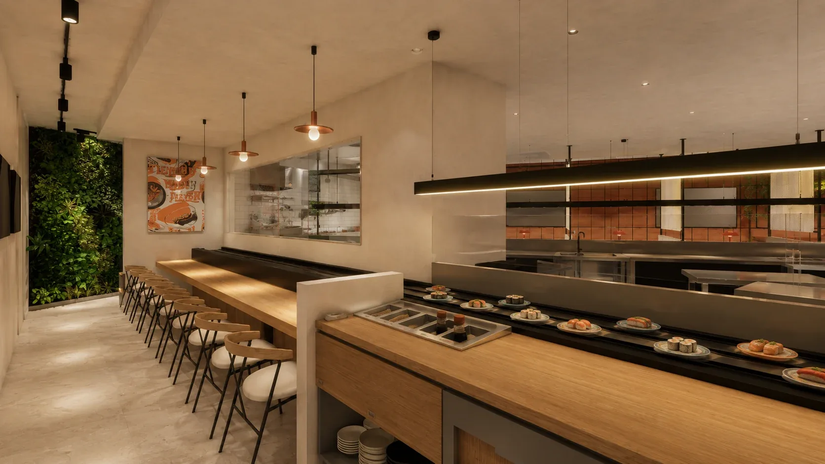 The sushi train bar: a timber counter and stools beside the conveyor, with a green living wall at the end, Sushi Train Mortdale