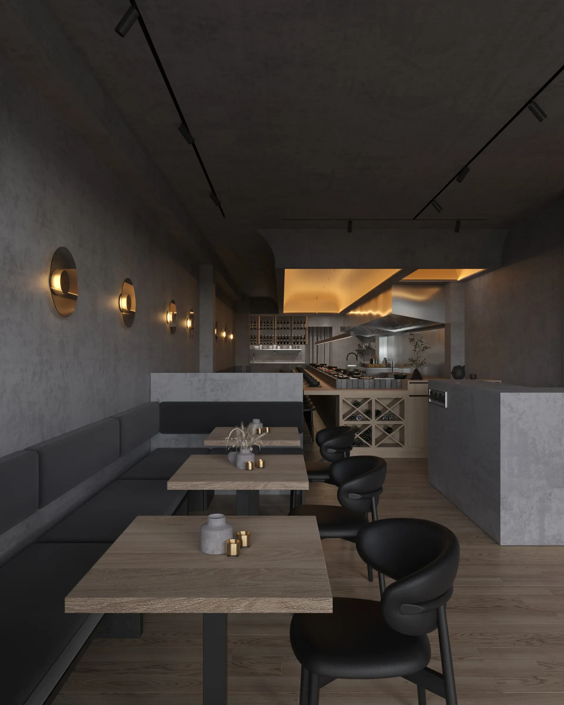 Banquettes and timber tables looking towards the open kitchen and lit shelving at the far end, Sushi Train Rose Bay