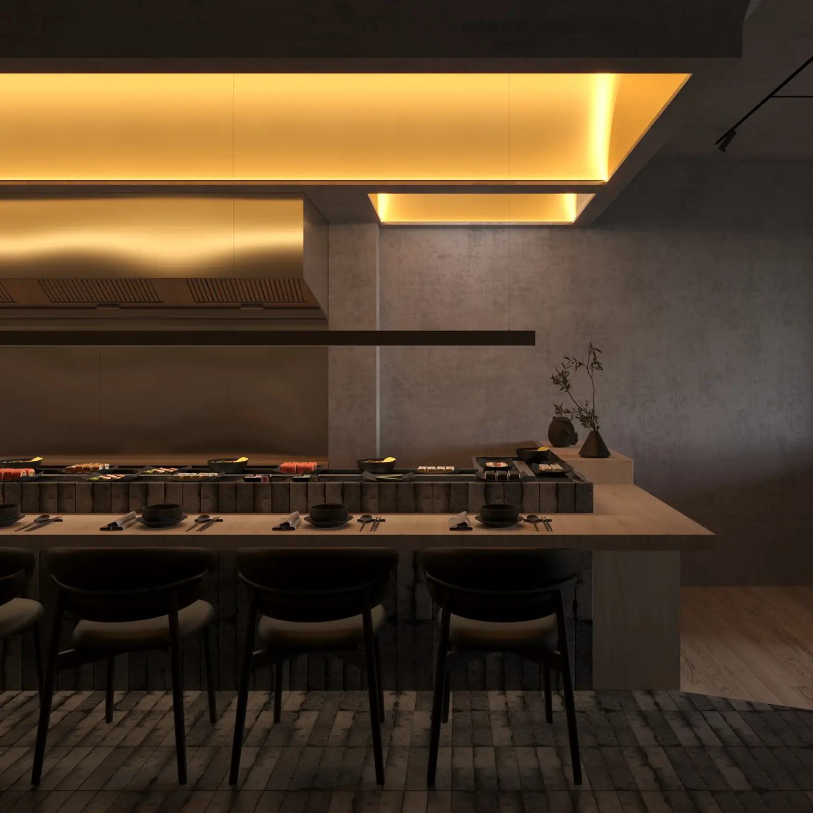 Sushi Train Rose Bay: the sushi counter and black chairs under a warmly lit suspended ceiling