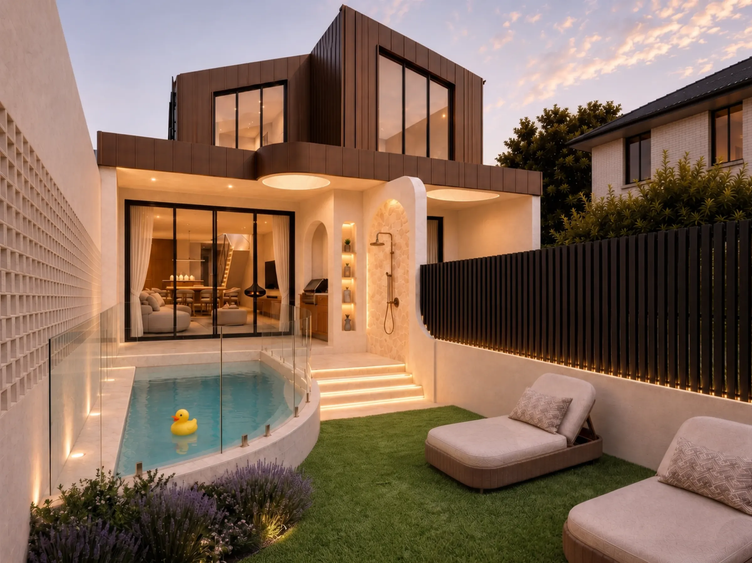 Rear courtyard at dusk with a plunge pool, outdoor shower and lounge chairs on the lawn, below the timber-clad upper floor, The Duet, Marrickville