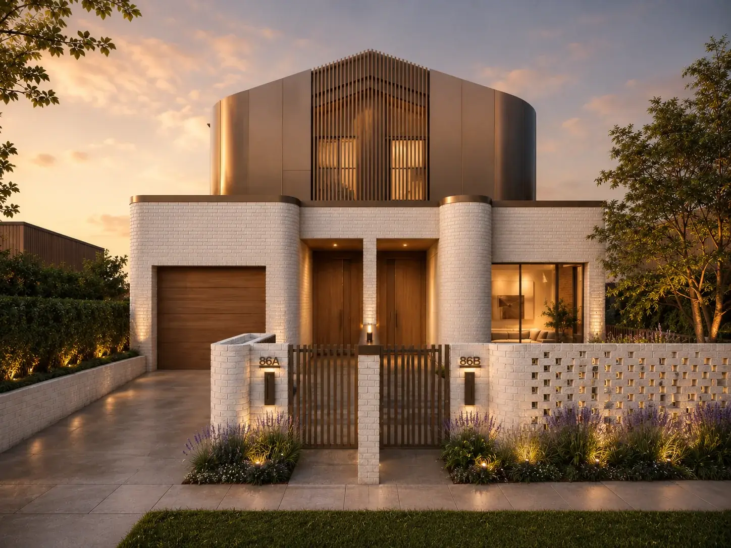 The Duet's mirrored white-brick fronts at sunset, with timber doors, a garage and breeze-block walls, Marrickville