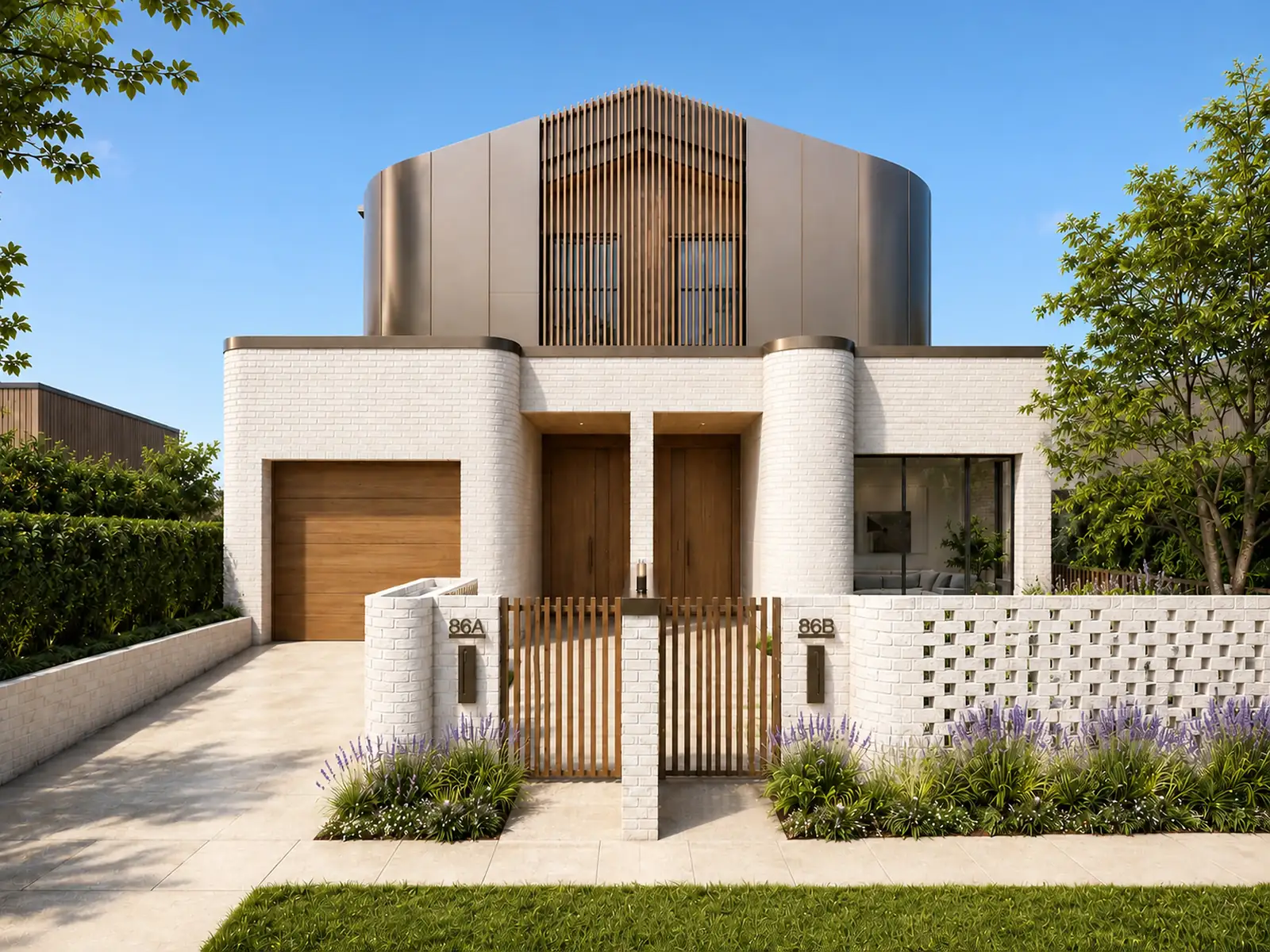 The Duet in Marrickville: two mirrored white-brick homes with timber front doors, under a curved metal-clad upper floor with timber battens