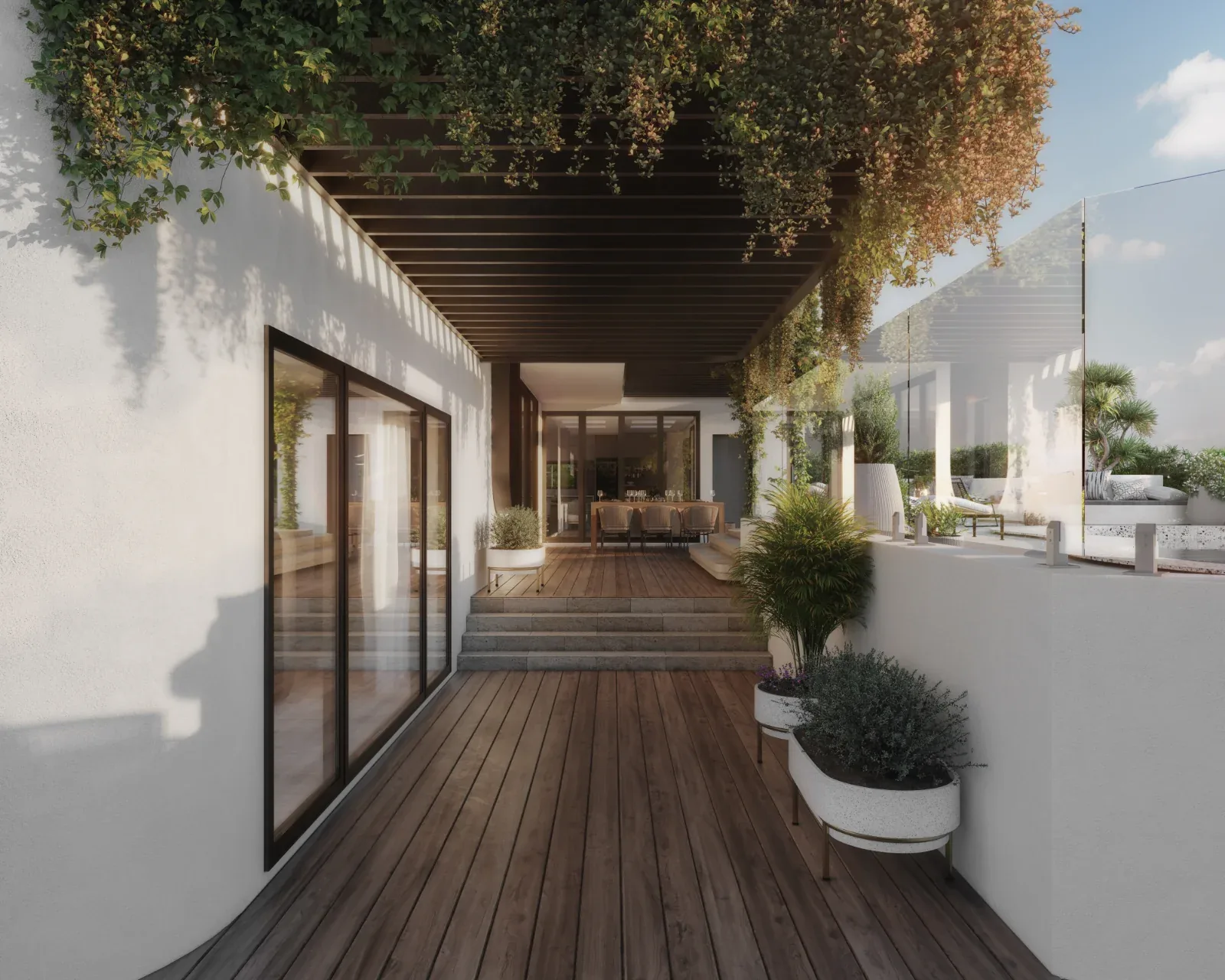 A covered timber deck under hanging greenery, opening onto the terrace and garden, The Symphony, Sydney