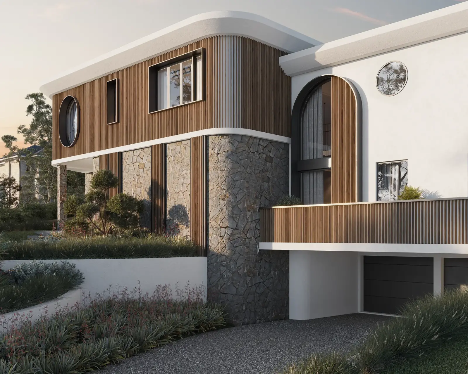 The Symphony in Sydney: a curved white roof over timber-clad walls, a split-stone base and round windows