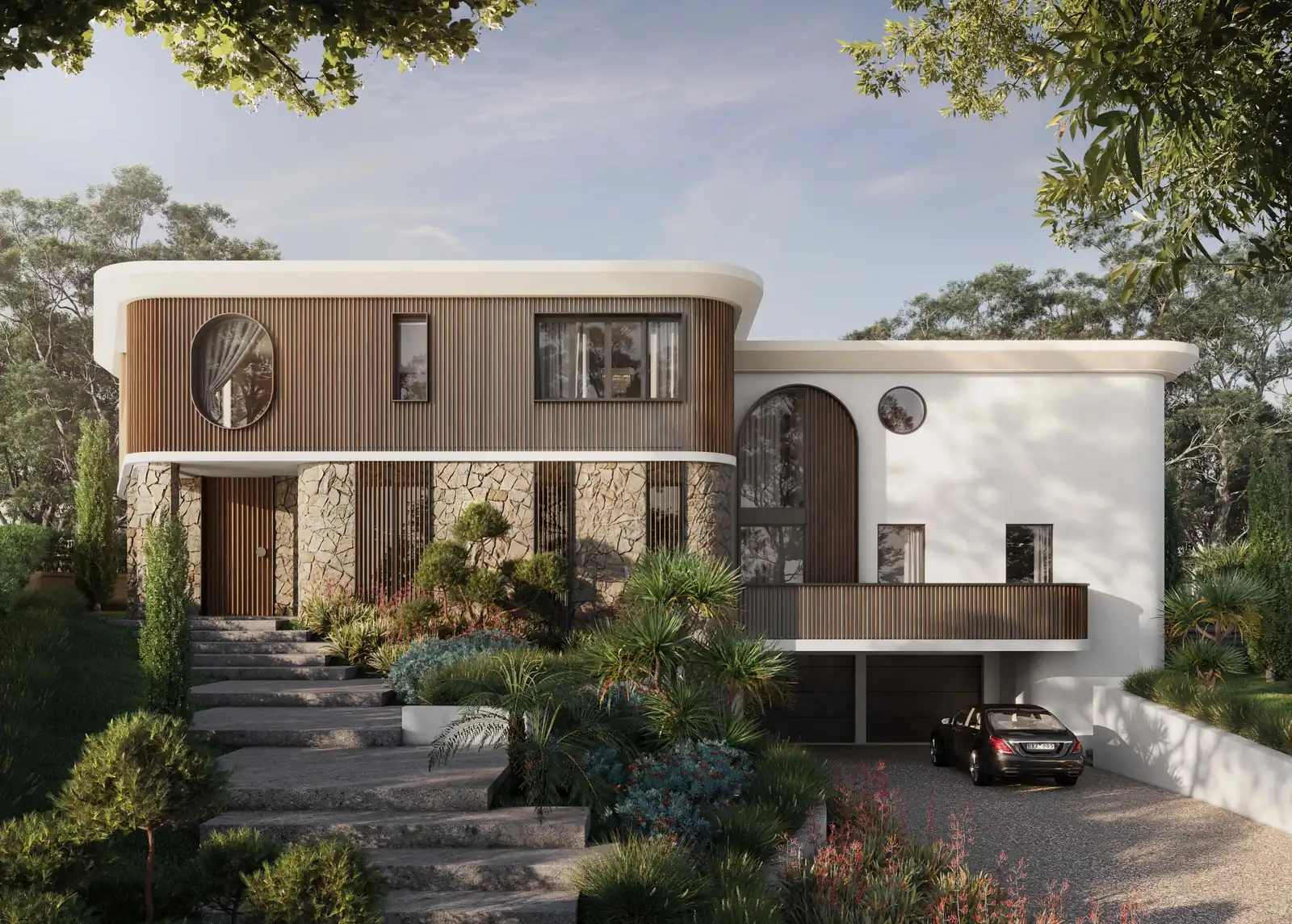 The Symphony in Sydney: a curved white roof over timber-clad and split-stone walls, with stone steps up through the front garden