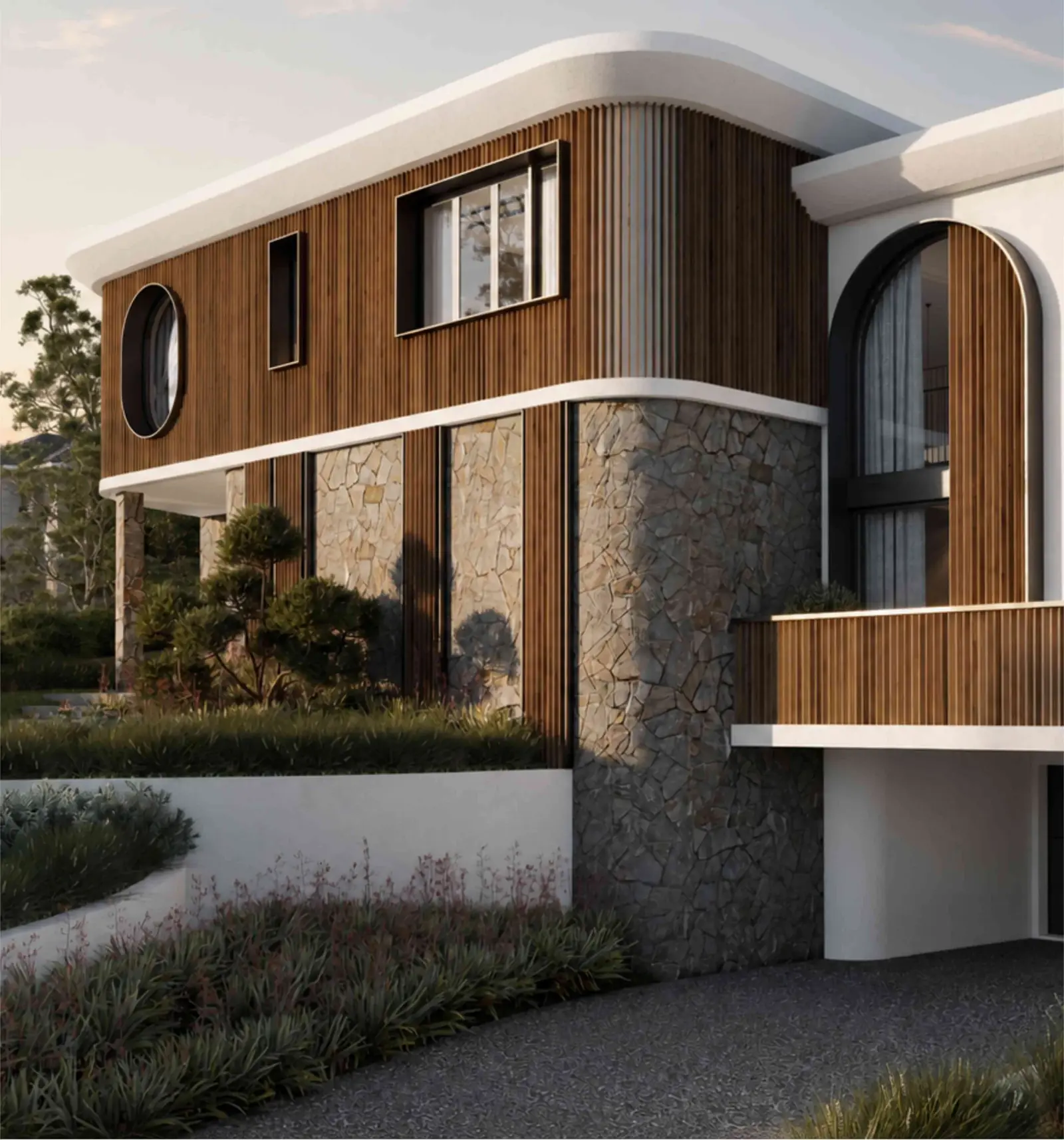 The Symphony's timber-clad upper floor and split-stone base under a curved white roof edge, with round and arched windows, Sydney