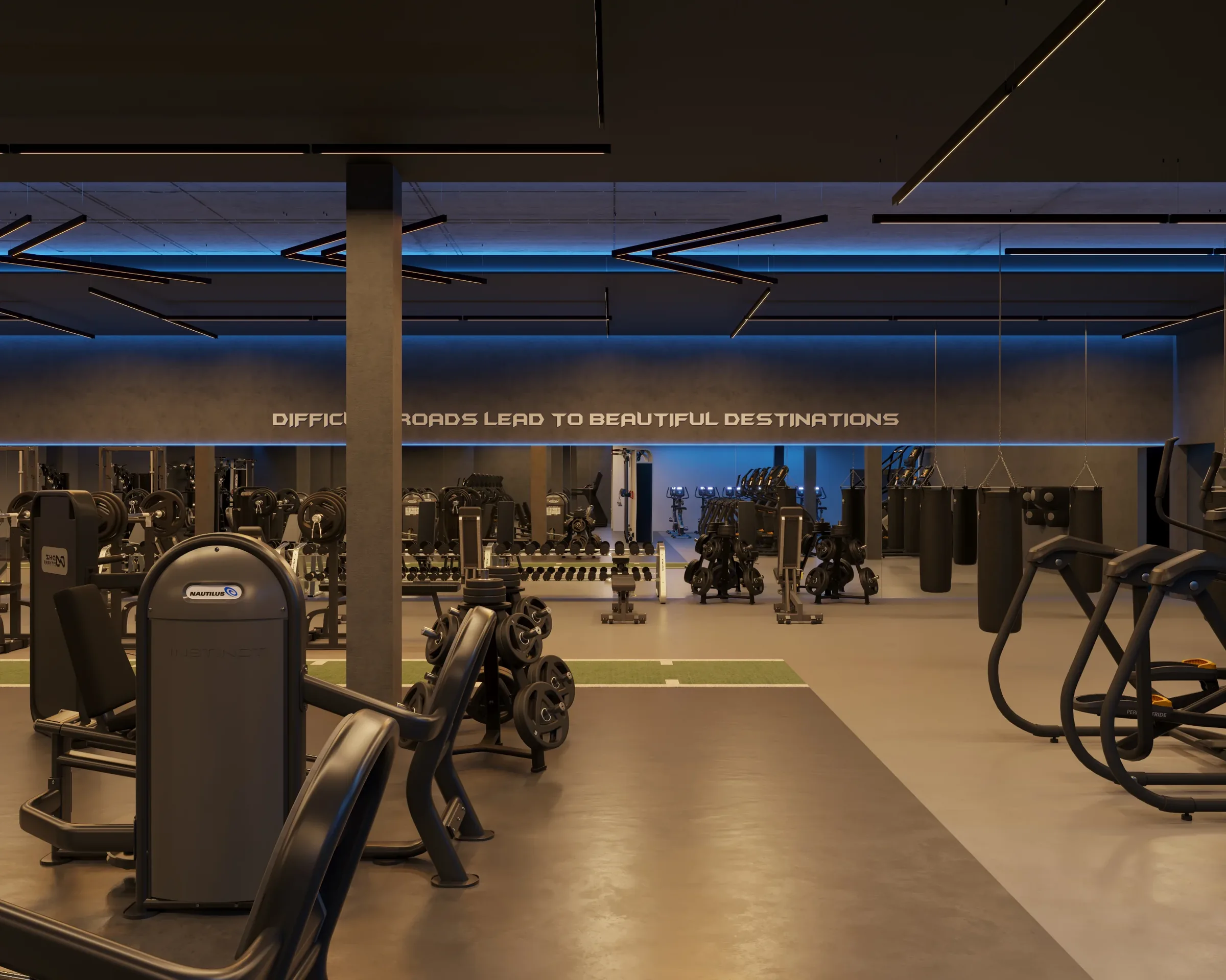 The main training floor with strength and cardio machines and boxing bags under linear lights, Wellness Department Gym, Campbelltown