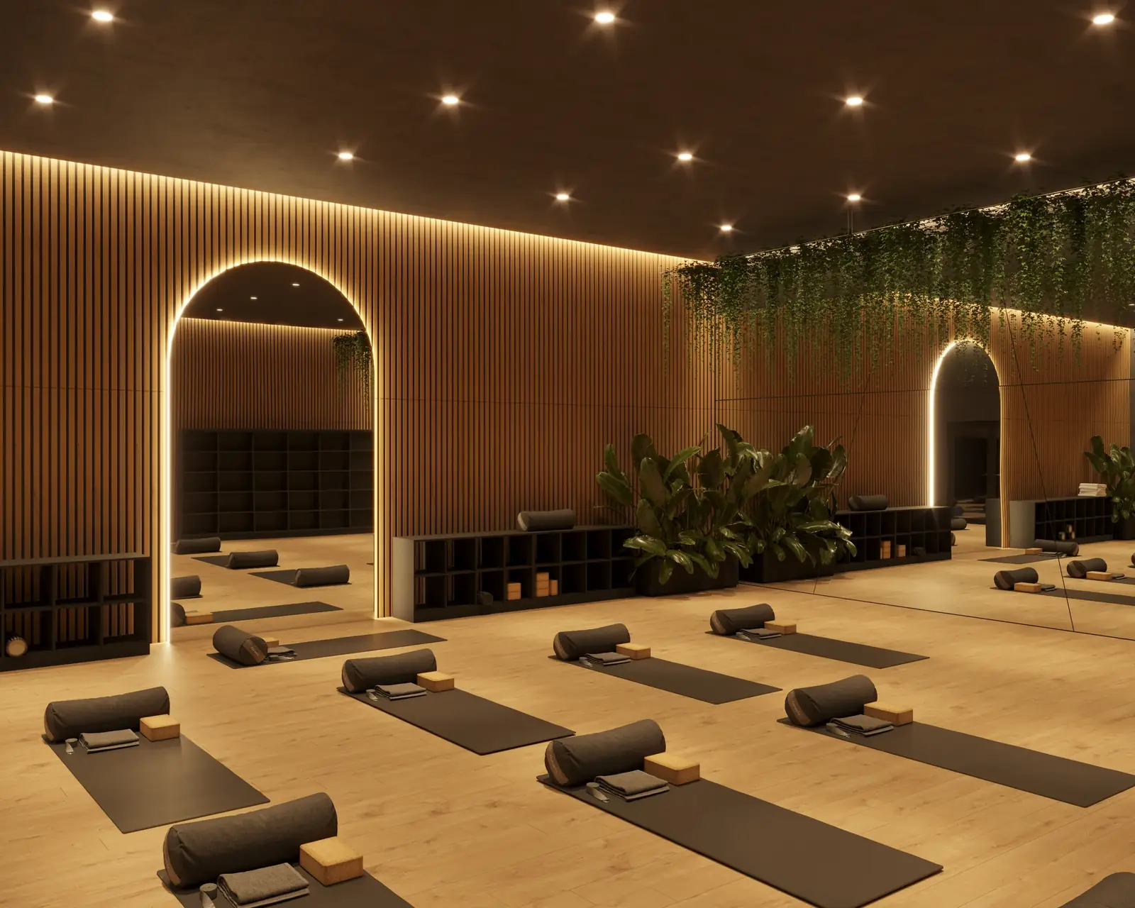 Wellness Department Gym in Campbelltown: a timber-battened yoga studio with backlit arches, mats and trailing plants